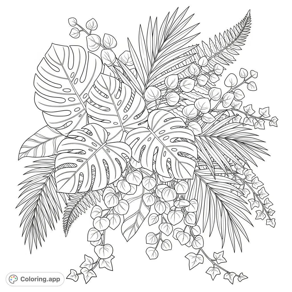 An elegant botanical coloring page featuring a layered composition of ferns, palm, monstera, eucalyptus, and ivy, showcasing natural textures and graceful flow.