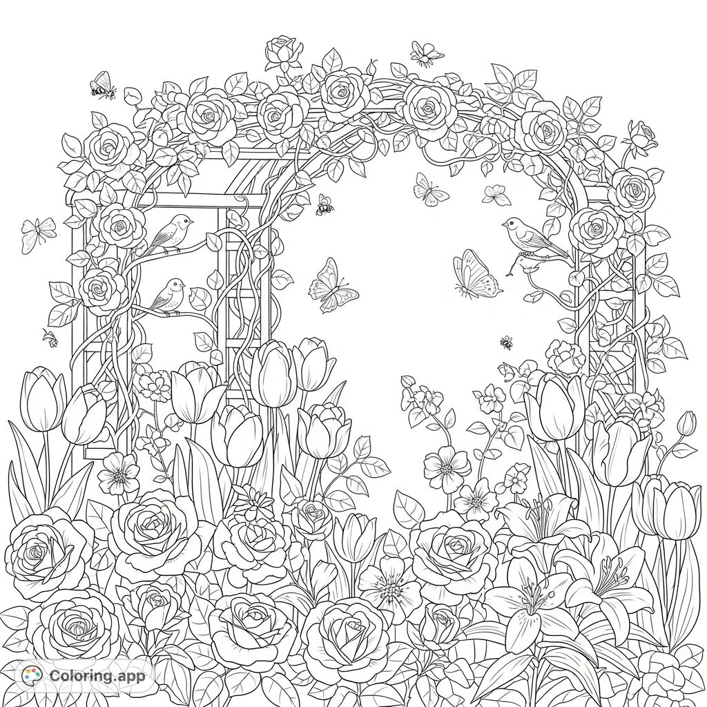 Explore a richly detailed garden coloring page bursting with blooming roses, tulips, lilies, winding vines, delicate butterflies, and busy bees. A beautiful free printable coloring page perfect for nature lovers.