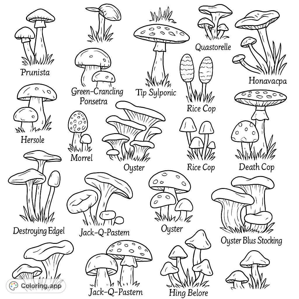 Explore a charming collection of various mushroom species, perfect for a whimsical forest mushroom coloring page. This free printable offers intricate details for all ages.