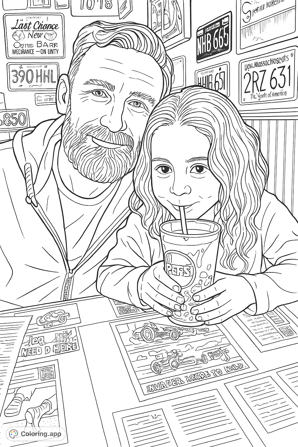 Capture a heartwarming moment of a father and daughter enjoying a diner treat. This delightful scene features a bearded dad and his smiling daughter with a frosty drink.