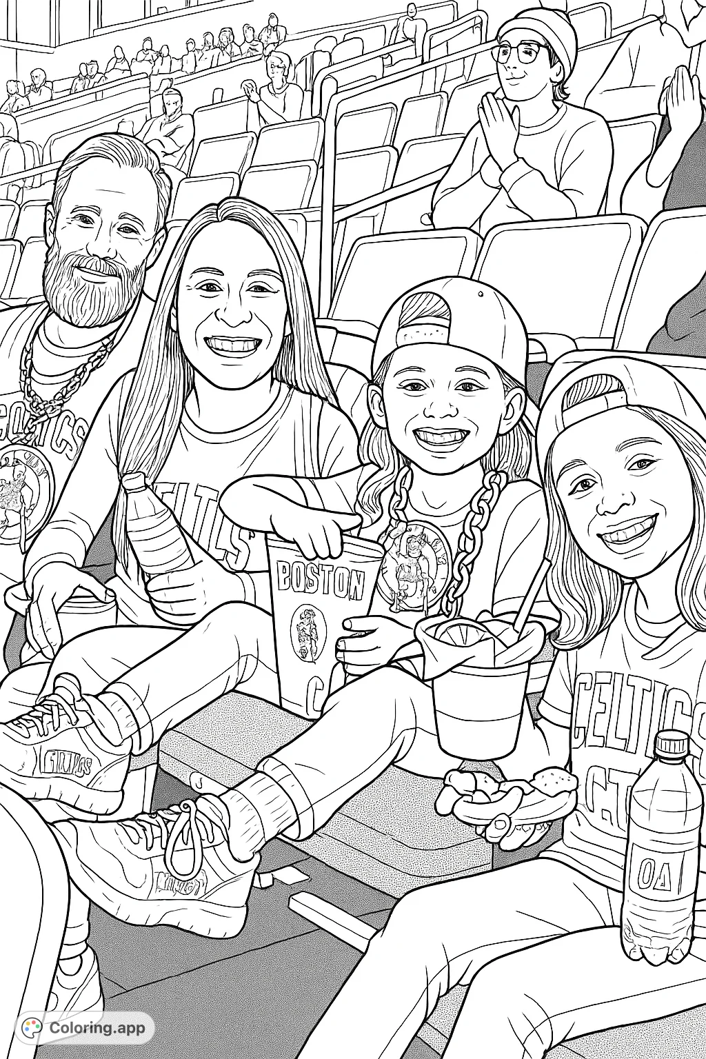 A cheerful family, adorned in team apparel, enjoys a lively basketball game from their stadium seats, complete with snacks and drinks.