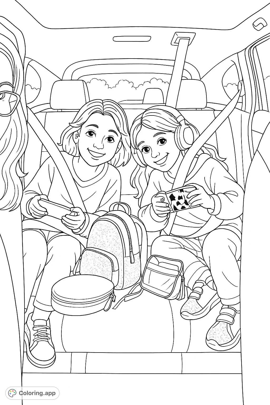 Capture the joy of a journey with this free printable road trip coloring page featuring two smiling girls, surrounded by travel essentials and good vibes.