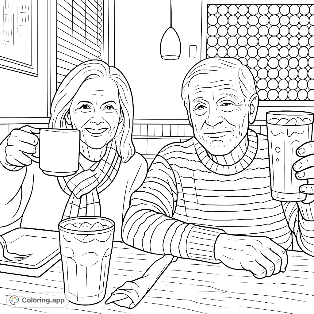 A heartwarming scene of a smiling older couple sharing drinks at a cozy diner. Perfect for celebrating cherished moments and quiet companionship.