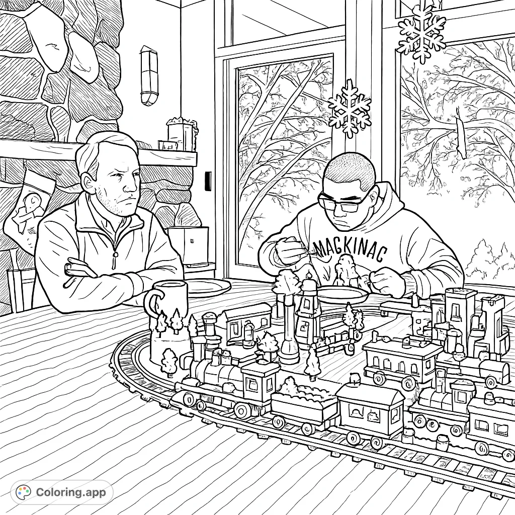 A heartwarming winter scene featuring two individuals enjoying a meal and an elaborate toy train set. Perfect for fans of detailed layouts and cozy indoors.