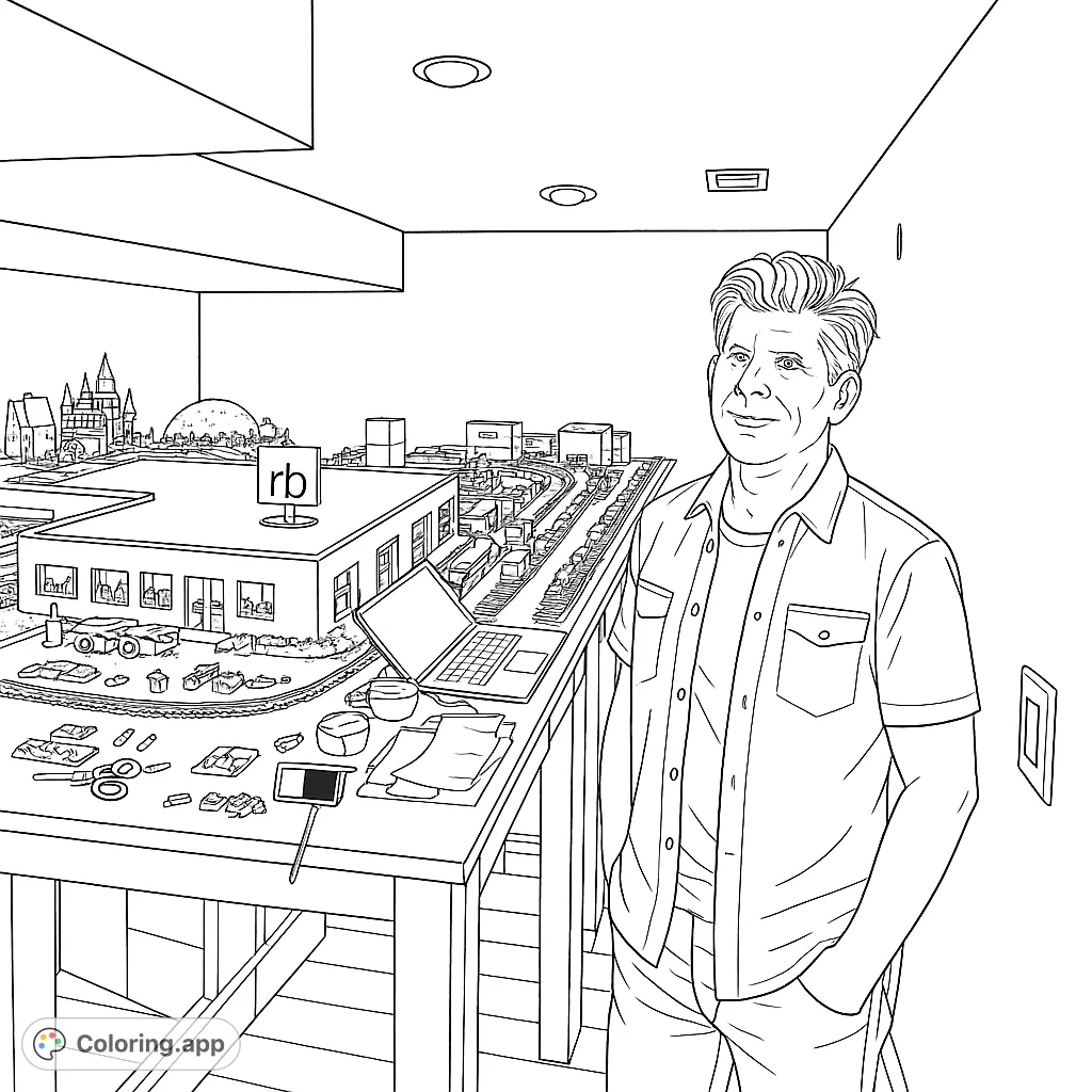 A captivating model train layout with a man standing nearby. Explore intricate tracks, buildings, and small vehicles in this detailed scene.