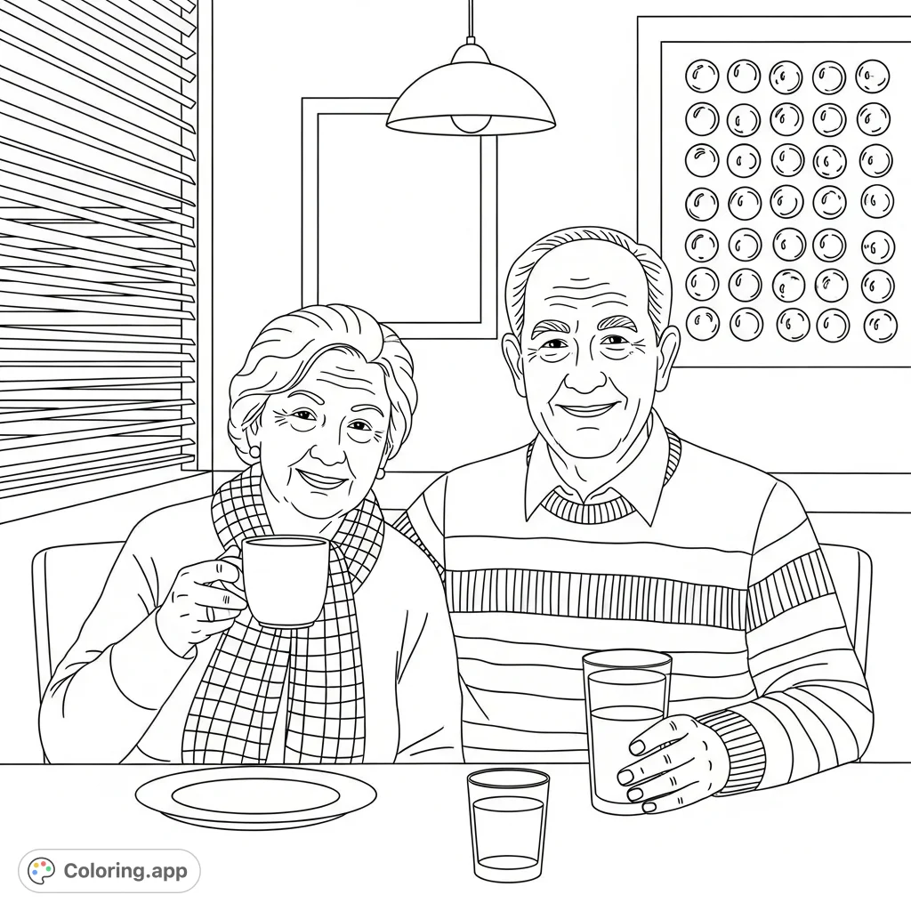 An endearing scene of an elderly couple sharing a meal at a restaurant, featuring intricate plaid and striped patterns, perfect for a heartwarming coloring experience.