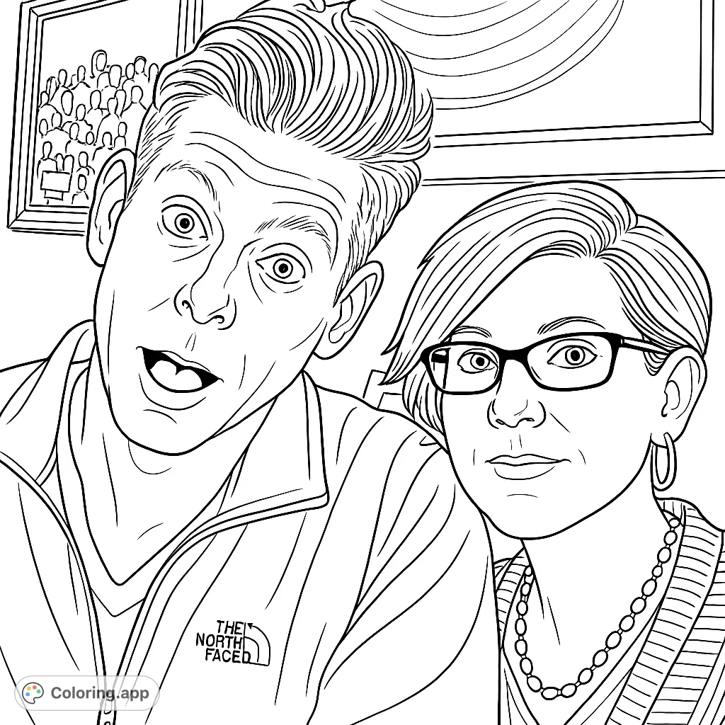 A fun, expressive portrait of a man and woman, perfect for personalizing with your favorite shades. Capture the lively expressions and background details!