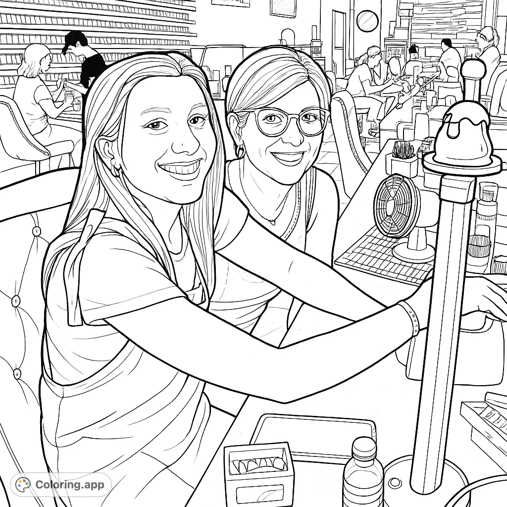 A delightful scene of two friends enjoying a relaxing day at a bustling nail salon, surrounded by salon essentials and a cheerful atmosphere.