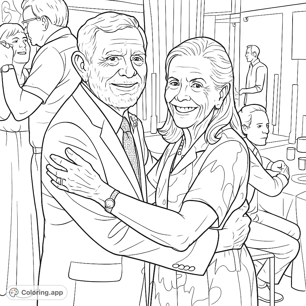 A heartwarming coloring page featuring a loving older couple smiling and embraced in a festive setting, perfect for celebrating enduring affection.