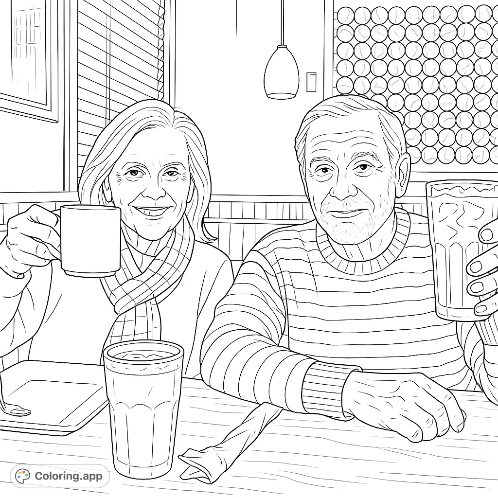 A heartwarming scene of an elderly couple sharing a meal in a cozy restaurant. This free printable coloring page is perfect for all ages, offering a delightful and realistic setting.