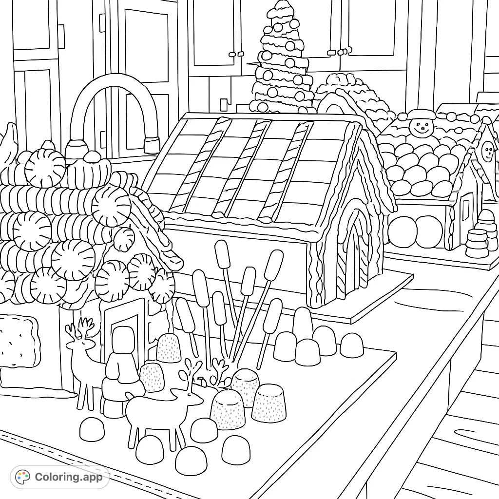 Explore a delightful gingerbread village scene, featuring intricately decorated houses, candy landscapes, and charming deer figures perfect for holiday coloring.