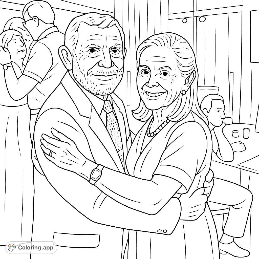 Celebrate love with this retro-style couple dancing coloring page. A charming vintage scene, perfect for adding your personal touch, capturing a moment of joy and connection.