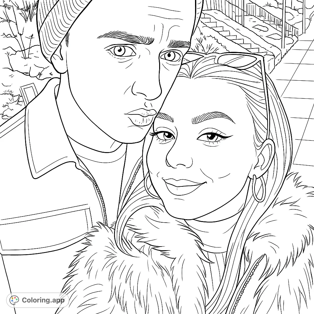 A heartwarming portrait of a couple embracing in a winter setting, featuring detailed facial expressions, textured clothing, and a snowy background.
