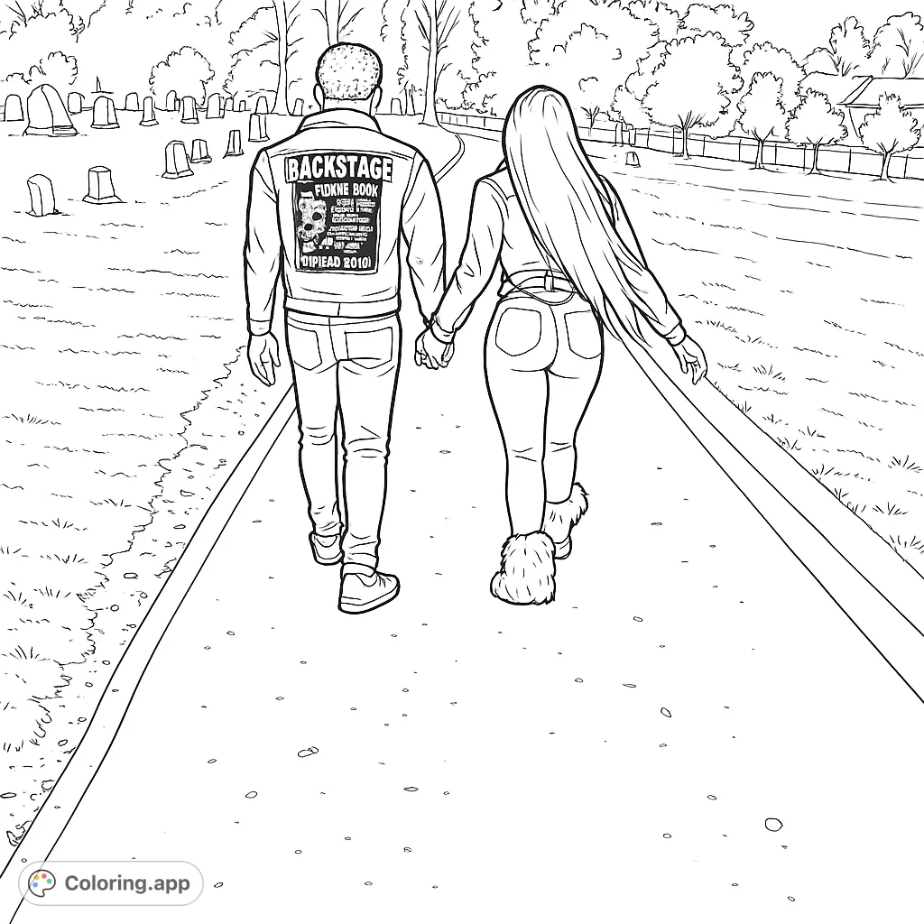 A couple walks hand-in-hand through a tranquil memorial park, surrounded by gravestones and trees. A touching scene of companionship for reflection and creativity.