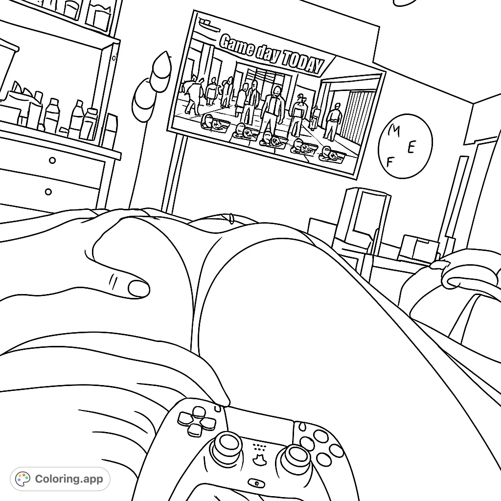 An intimate gaming scene captured from a unique perspective. Features a person's lower body, a hand, and a controller, set against a TV displaying a video game.