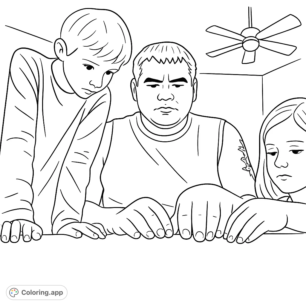 Enjoy a heartwarming family bonding coloring page featuring a man, boy, and girl intently focused on a shared activity. Perfect for all ages to enjoy!