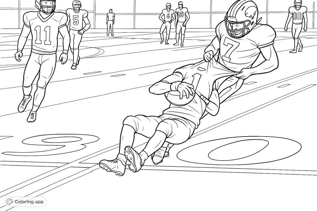 Experience the intensity of a football tackle with this action-packed coloring page. Two players in full gear battle on the field, perfect for sports fans.
