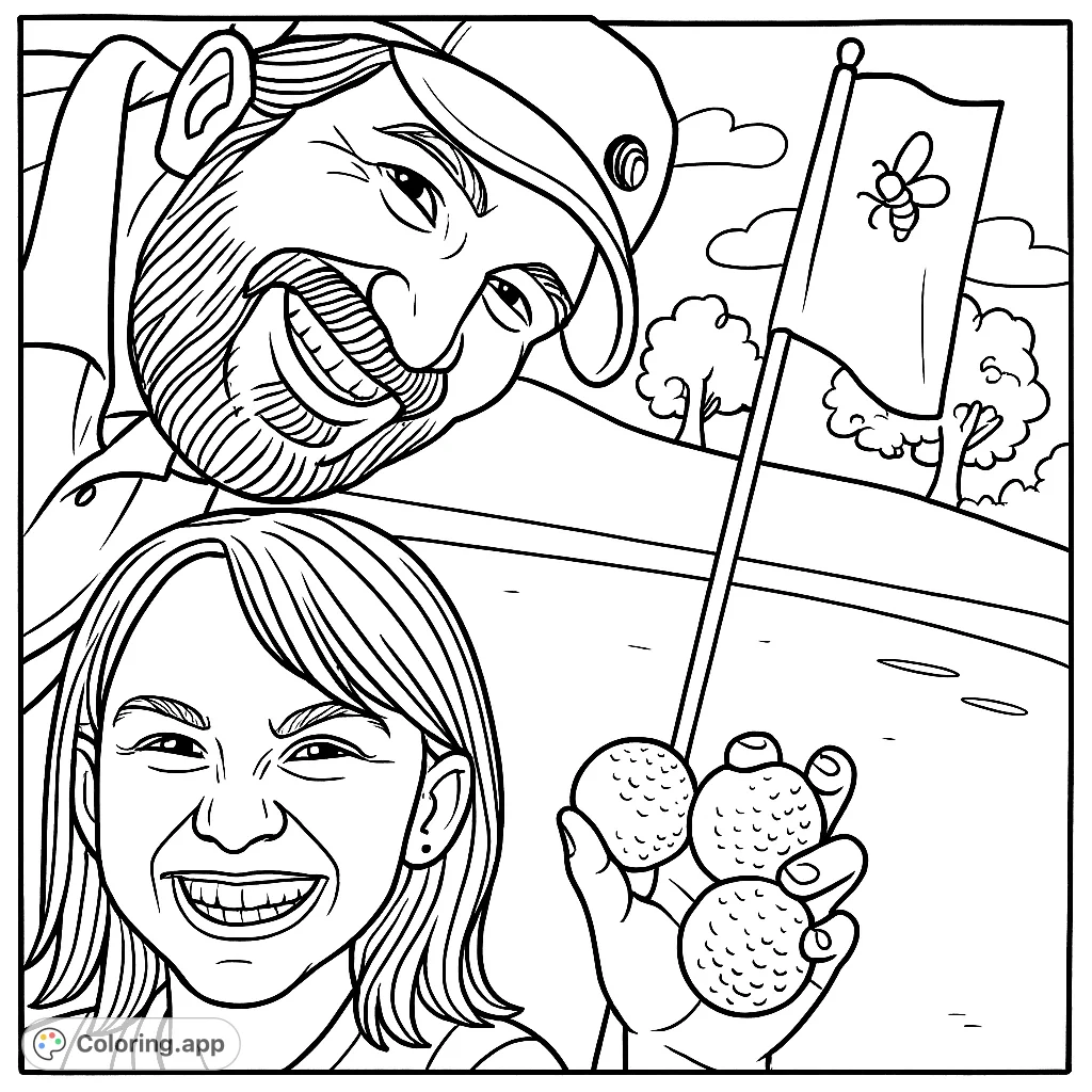 A smiling adult and child celebrate on the golf course, holding golf balls near the flag. A delightful free printable golfing scene with cartoony bold outlines.