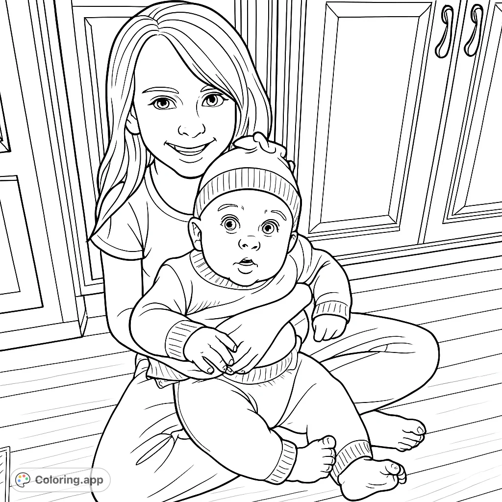 A heartwarming siblings coloring page depicting an older girl gently cradling a baby. A tender scene perfect for expressing love and family bonds.