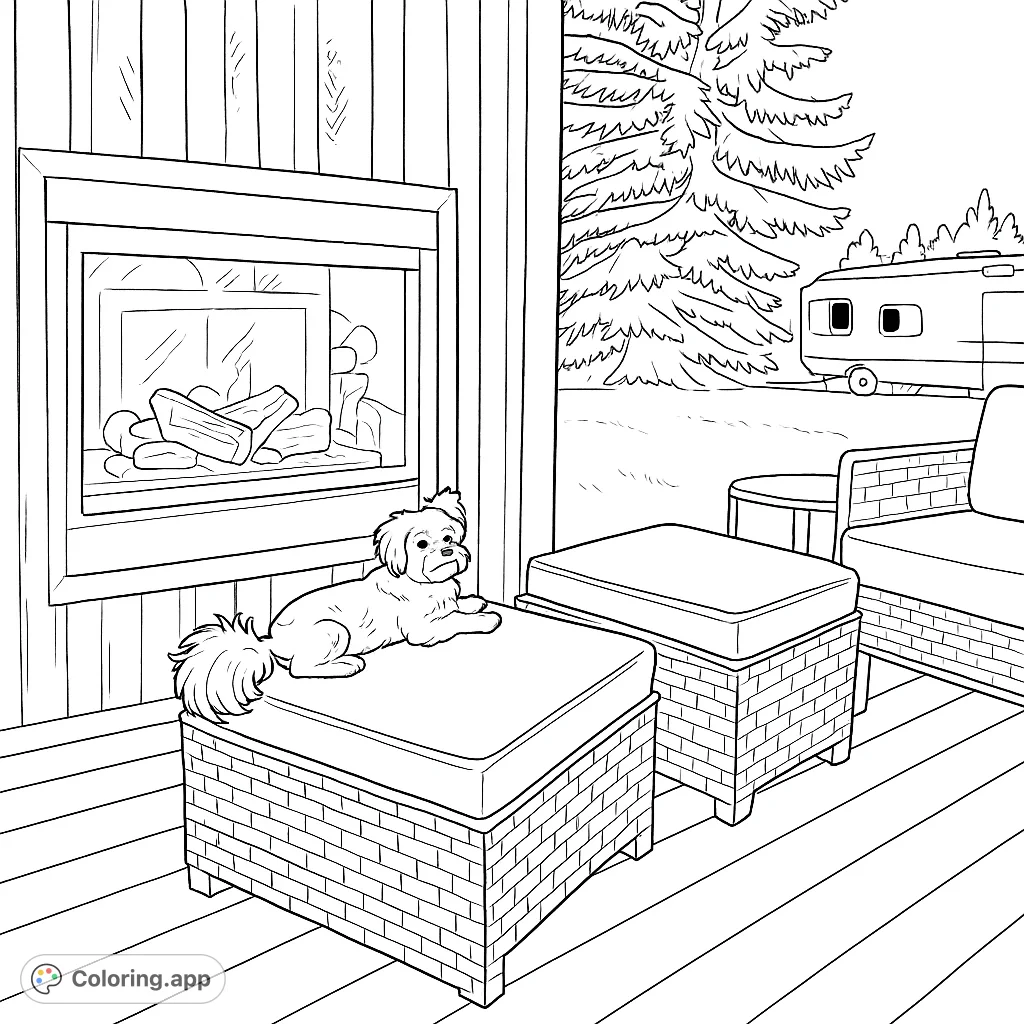 A charming coloring page featuring a fluffy dog relaxing on a cozy patio with an outdoor fireplace, surrounded by lush greenery and a serene outdoor setting.