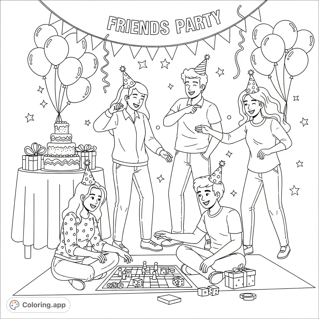 A delightful friends party coloring page showcasing friends playing games and celebrating, filled with balloons, cake, and festive decorations.