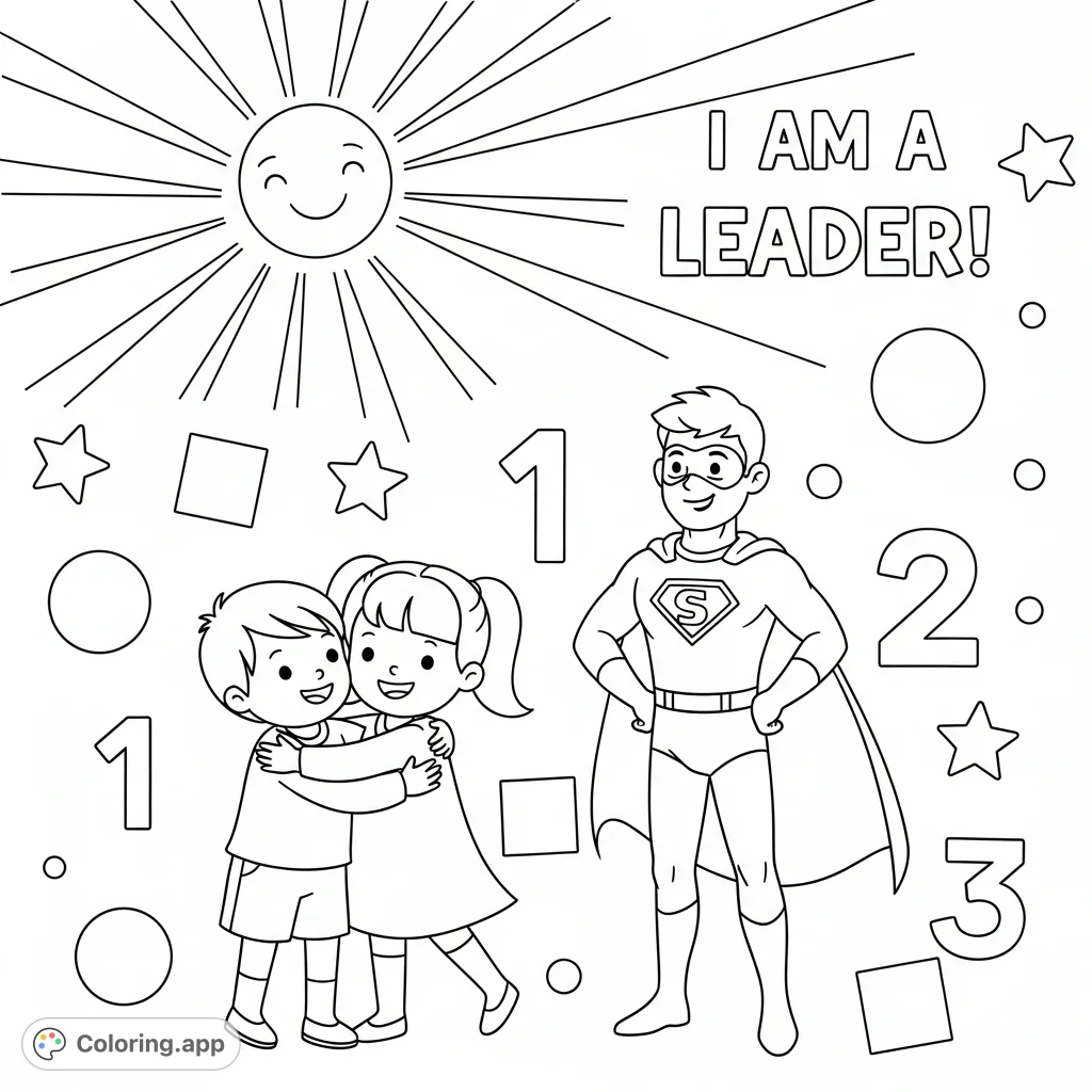 A delightful affirmation coloring page featuring a superhero, children hugging, shapes, numbers, and a beaming sun, perfect for young artists.