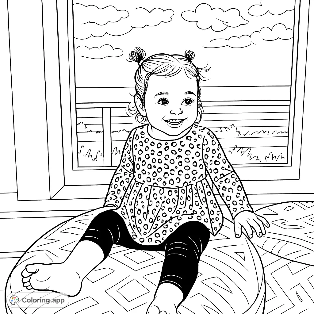 Capture the joy of a little one by a window overlooking a serene ocean and sky, with playful patterns ready for your creative touch.