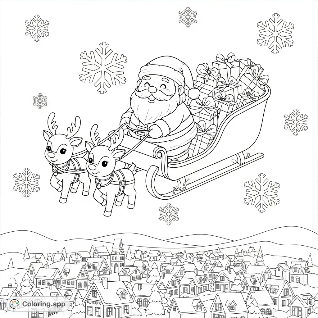 A delightful Kawaii Santa guides his sleigh overflowing with gifts, pulled by adorable reindeer over a charming winter village under a swirl of unique snowflakes.