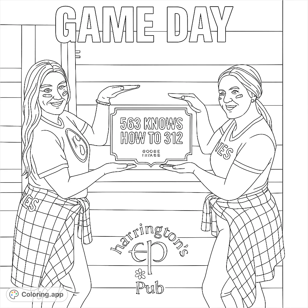 Celebrate with friends on game day! Two smiling women pose with a unique pub sign, inviting you to add your team's spirit to this fun, free printable coloring page.