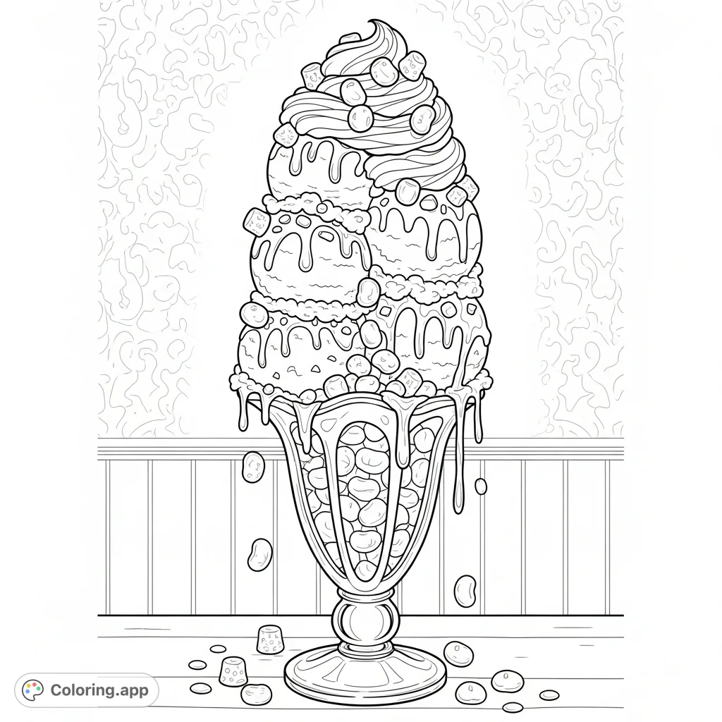 Indulge in a delightful rainbow sundae, piled high with varied ice cream scoops, fluffy whipped cream, and a cascade of playful candies in a classic glass.
