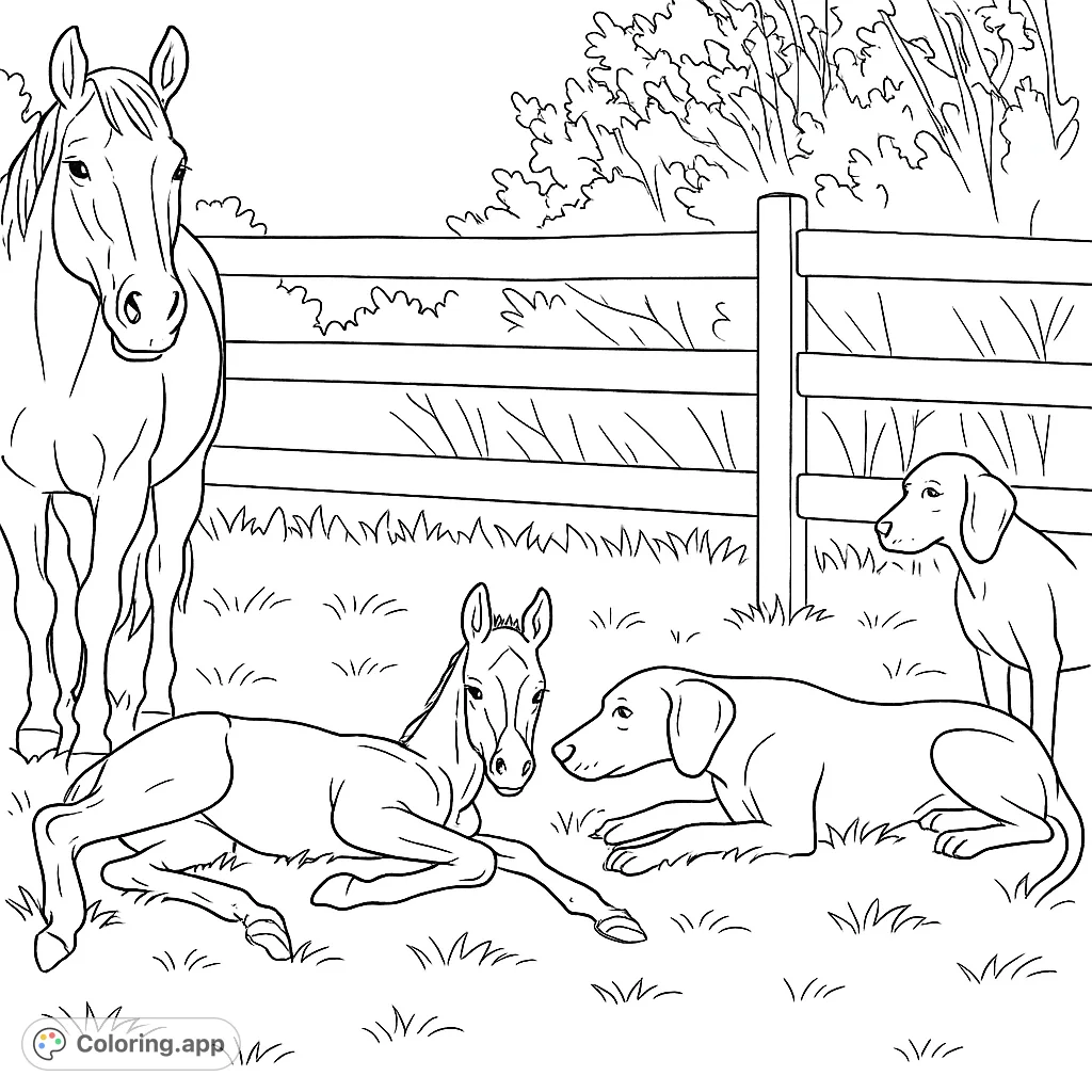 A heartwarming pasture scene featuring a foal, an adult equine, and two friendly canine companions. Discover the joy of nature and animal bonds.