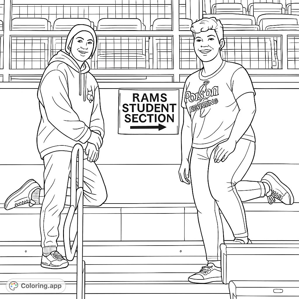 Color two friendly individuals posing in a vibrant gymnasium setting with tiered seating and a directional sign. A fun, free printable activity for all ages.