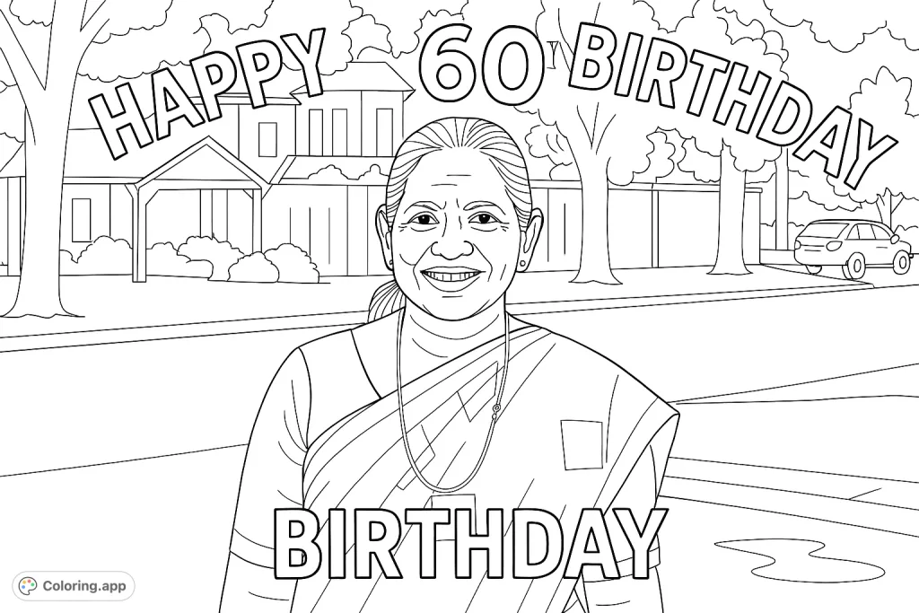 Capture the warmth of a smiling woman in traditional attire, set against a charming suburban backdrop. A meaningful portrait for personalized coloring.