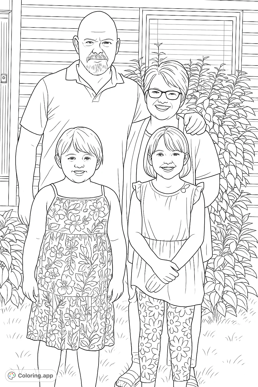 A heartwarming family portrait featuring two adults and two children smiling outdoors, set against a house and lush greenery. Perfect for personalized coloring.