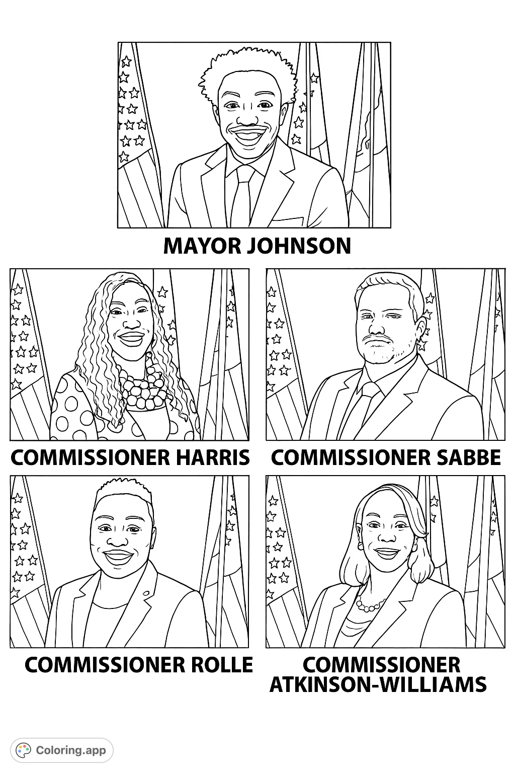 A collection of five dignified portraits of community officials, featuring diverse individuals against a backdrop of national and civic flags, perfect for educational engagement.