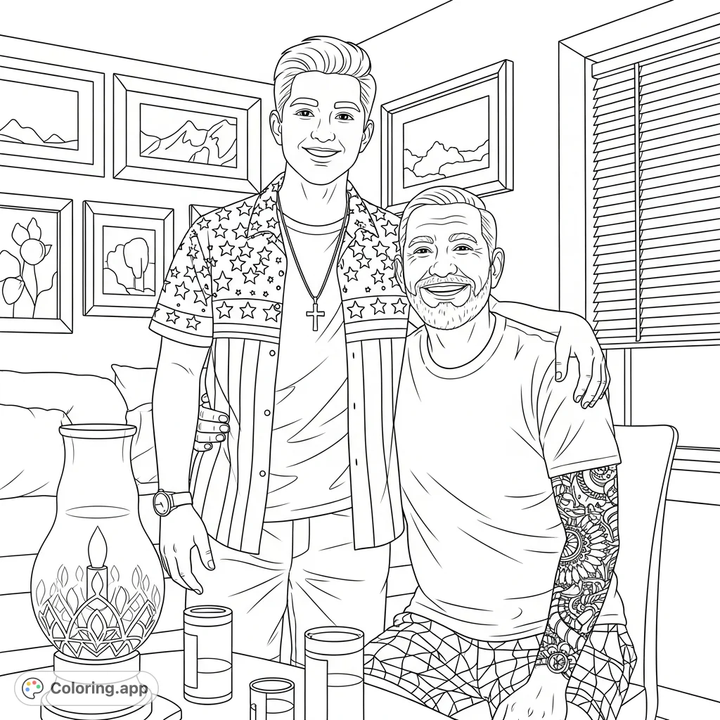 Capture a warm, intimate scene of two smiling men in a cozy room, with patterned clothes, a detailed tattoo, and home decor elements.