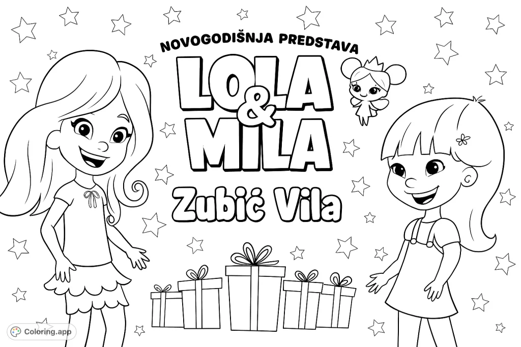 Two cheerful cartoon girls, a tiny fairy, and festive gifts, set against a starry backdrop, perfect for imaginative coloring fun.