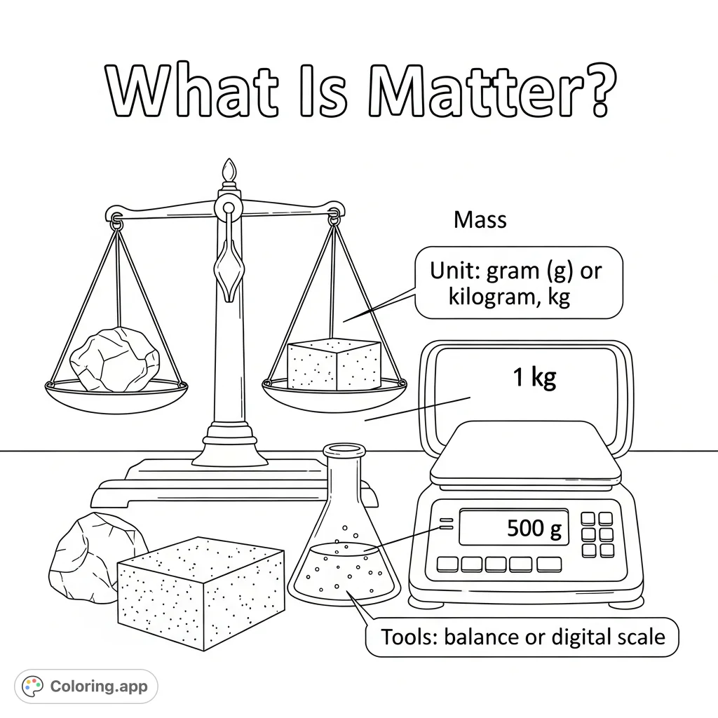 Explore matter and its measurement in this educational coloring page, featuring balance scales, digital scales, and key scientific terms.