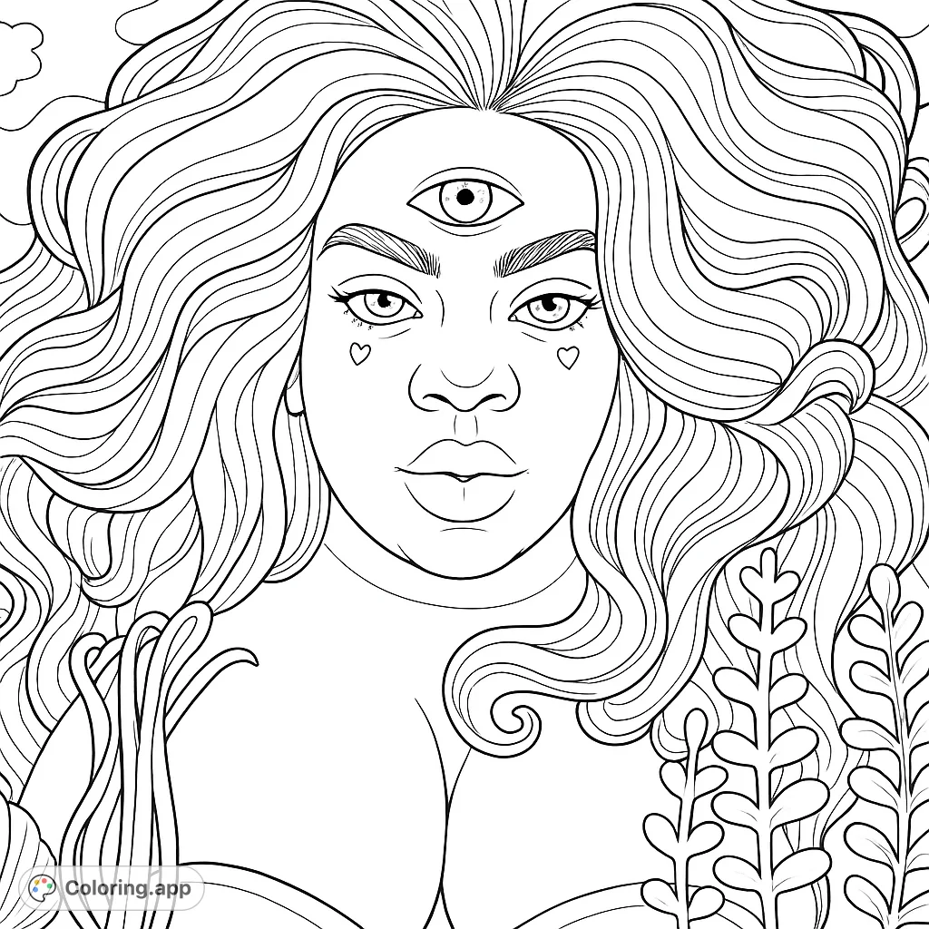 An enchanting portrait of a woman with a third eye and flowing, split-style hair, set in a captivating underwater world with unique marine flora.