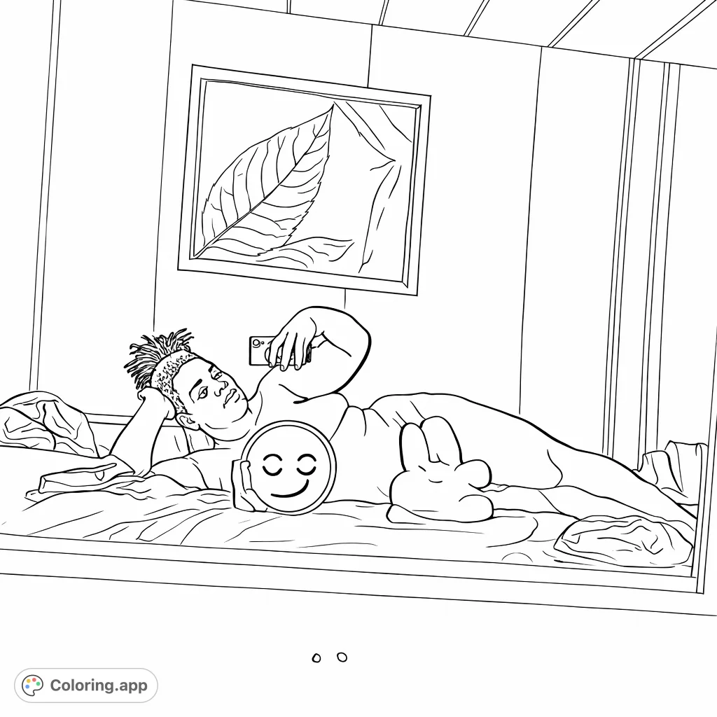 Capture a relaxed moment with this unique coloring page featuring a person lounging on a bed, engaged with a device, with a prominent leaf art piece on the wall.