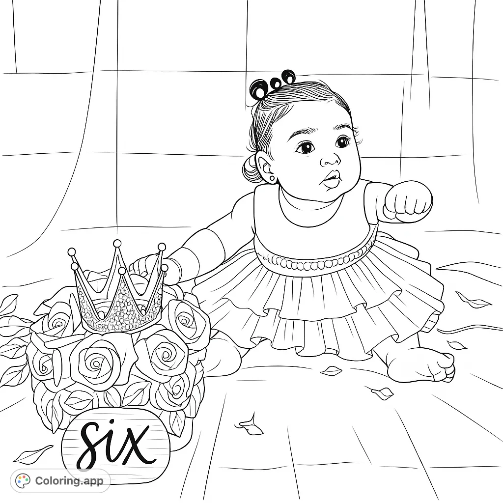 Celebrate a special milestone with this adorable baby in a ruffled dress, beside a regal floral arrangement topped with a sparkling crown and a 'six' sign. Perfect for little princes or princesses!