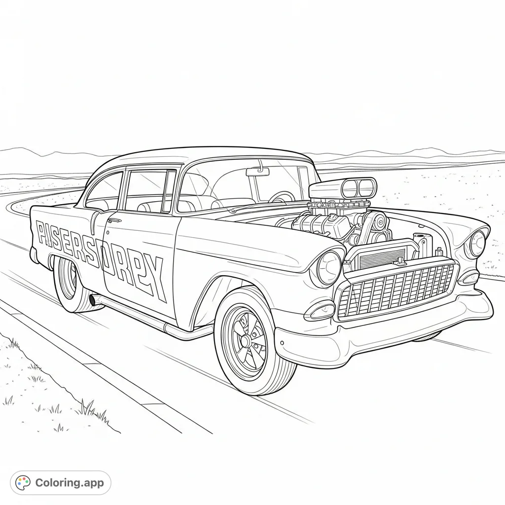 Experience the thrill of a classic 1955 Chevy gasser, with its iconic raised front and exposed engine, cruising down an open road. Perfect for car enthusiasts!