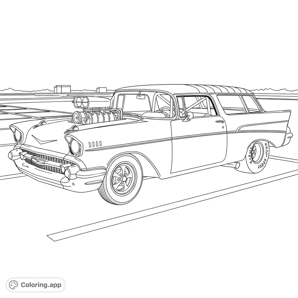 Unleash your creativity with this detailed 1957 Chevy Nomad drag car coloring page, featuring a powerful blower motor and wide racing slicks.