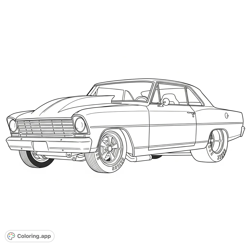 Unleash your creativity with this 1966 Nova race car coloring page, featuring a super-low stance, aggressive drag tires, and a powerful cowl hood.