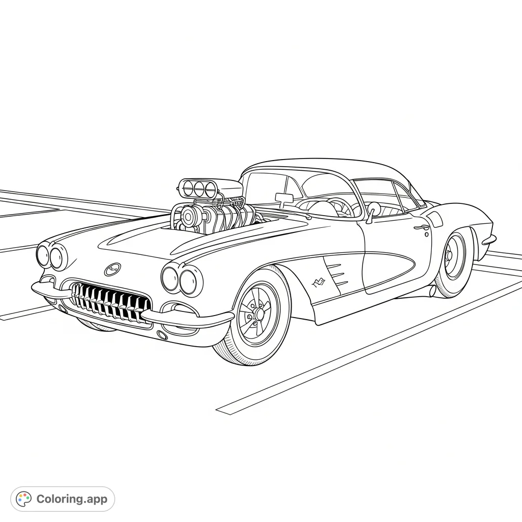 Unleash your creativity with this 1956 Corvette drag car coloring page, featuring a powerful blower motor and a slammed stance in a parking spot.