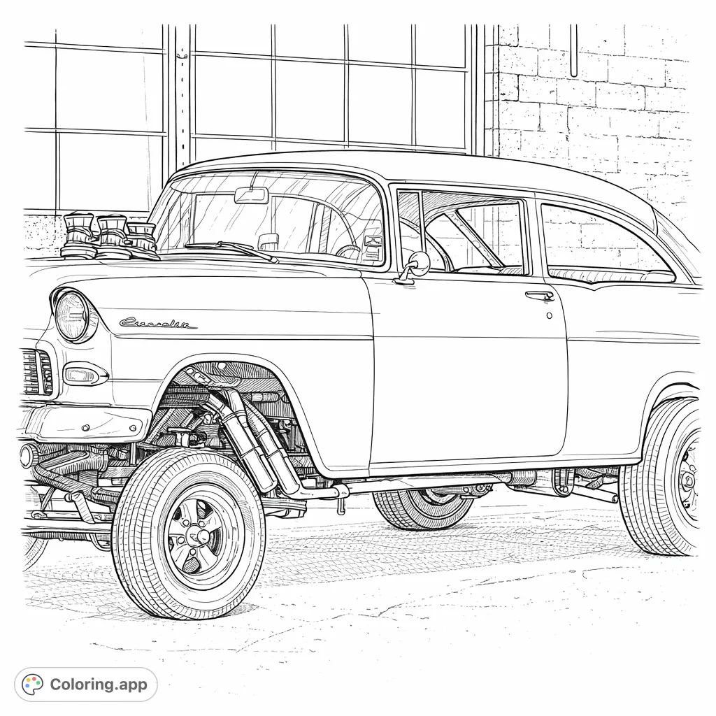 Ignite your creativity with this detailed classic hot rod coloring page! Featuring a powerful vintage car with exposed engine and custom details, ready for a burst of your unique colors.