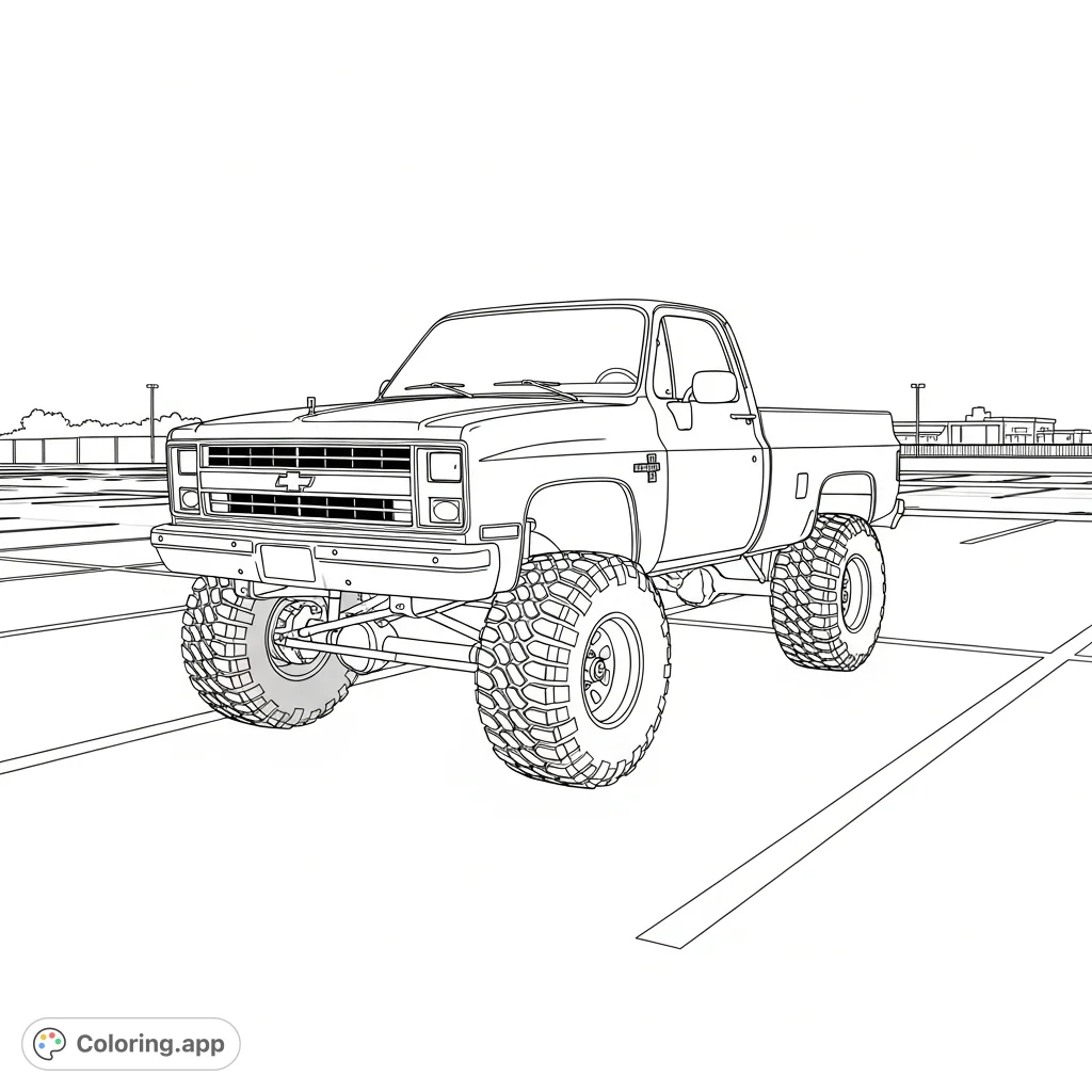 Color a classic 1982 Chevrolet 4x4, lifted with big off-road tires, parked in a lot. Perfect for truck enthusiasts and vintage vehicle lovers!