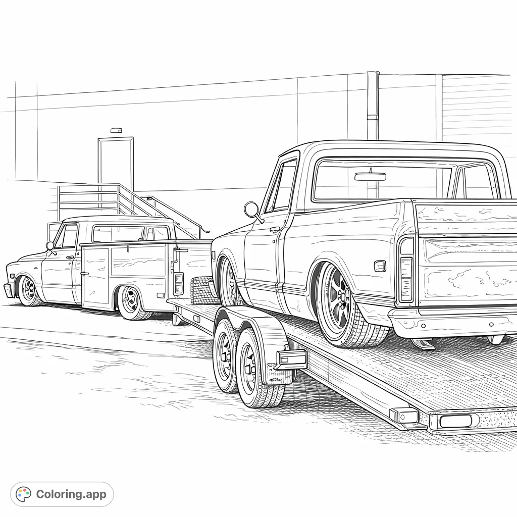 Experience the detailed world of classic lowered trucks in this complex coloring page. Features two custom pickups, one on a trailer, ready for your creative touch!