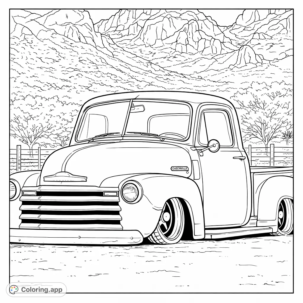 Color a detailed vintage lowrider pickup truck against a dramatic desert mountain backdrop. Perfect for vehicle enthusiasts and landscape lovers.