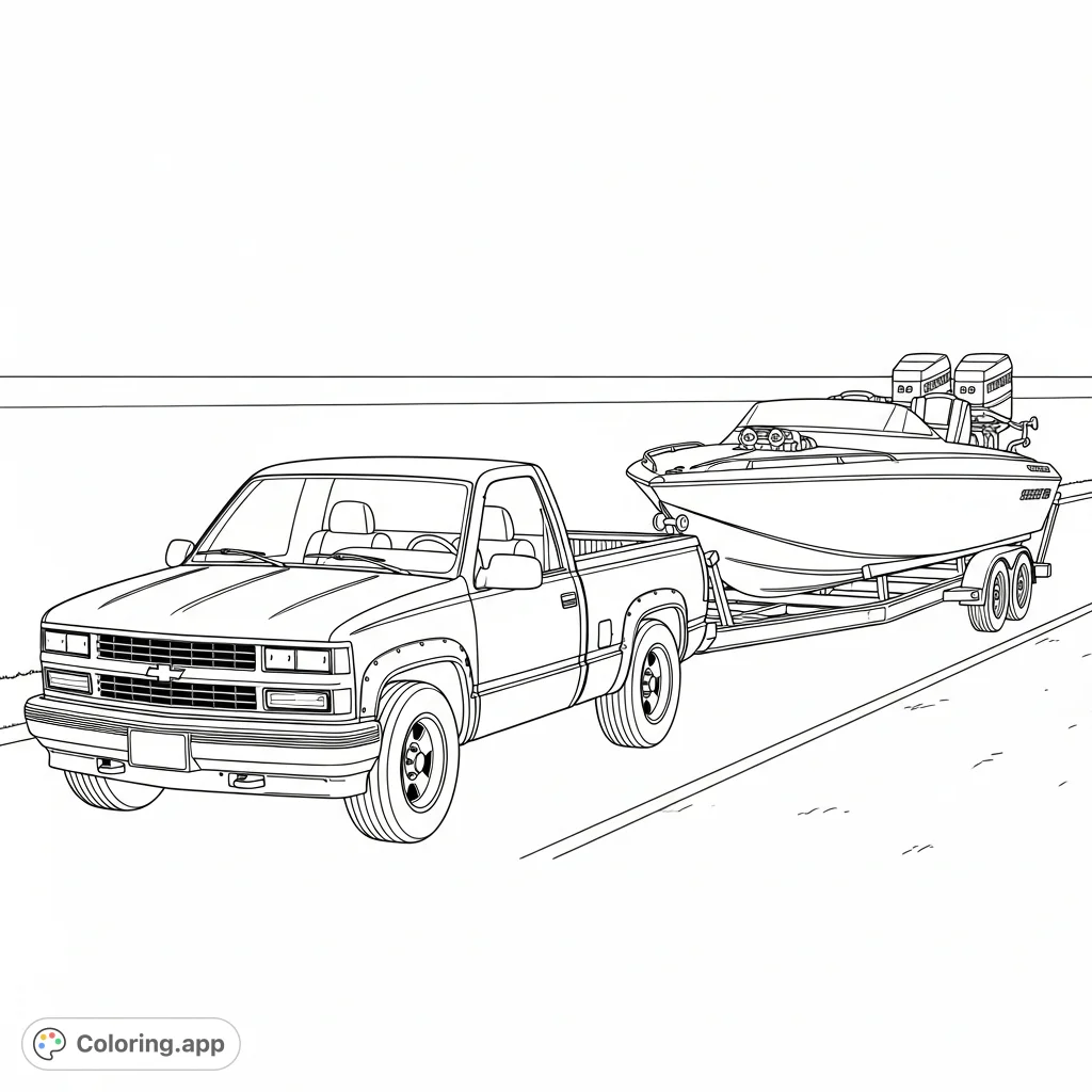A powerful 1995 Chevy truck tows a sleek 1990 Skater 28 race boat down the road, offering a dynamic scene for vehicle enthusiasts.